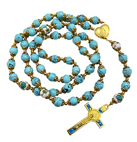 Nazareth Store Saint Benedict Turquoise Rosary Beads Catholic Necklace Flowers Mystery Bead Miraculous Medal Locket Cross Prayer Rosarios Catolicos