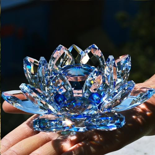 Crystal Figurine Flower Decor Glass Ornaments Transparent Crystal Figurine for Home Office Gift Decoration(Blue)