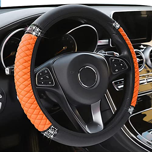 Aociska Bling Leather Steering Wheel Cover,Universal Non-Slip Colorful Rhinestones Elastic Steering Wheel Protector,Crystal Diamond Car Accessories,15 Inch Soft Steering Wheel Cover (Orange) #TOP17