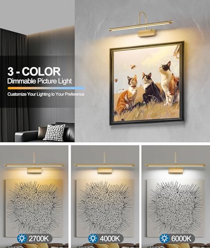 Image of Battery Operated Picture Light with Remote, 24 inch Wireless Rechargeable Art Light with Timer, Dimmable 3CCT Gallery Lighting for Paintings, Portraits, and Canvas (Brass, 23.6inch)