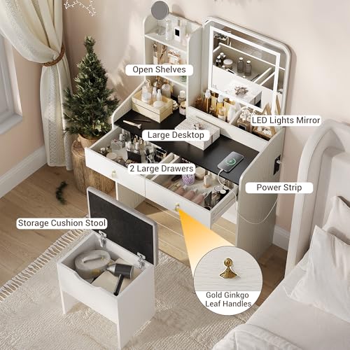 GarveeHome Vanity Desk with LED Light Mirror and Charging Station,Small Makeup Vanities Set with 2 Drawers,Vanity for Girls Women with Storage Stool (White + Black Tabletop)