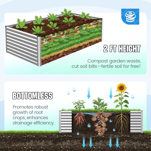 Image of Quictent Galvanized Raised Garden Bed 8x4x2 Ft Tall Metal Planter Box for Vegetables Outdoor Bottomless for Backyard, 2 Tomato Cages Included, 22.04 inch Deep (Silver)