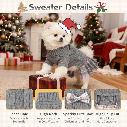 Image of Small Dog Sweater Dress with Bowtie Warm Turtleneck Girl Dog Clothes in Winter Knitted Pet Pullover for Puppy Doggie Cat Sweater for Christmas Birthday Thanksgiving (Grey, Medium)