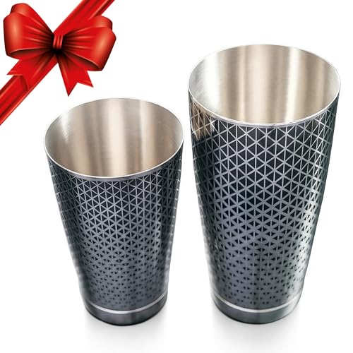 Kidia Boston Shaker Professionnel en Acier Inoxydable 304 avec Motif Géométrique Noir – Set 2 Tins 828 ml + 424 ml – Coffret en Bois Inclus – Kit...