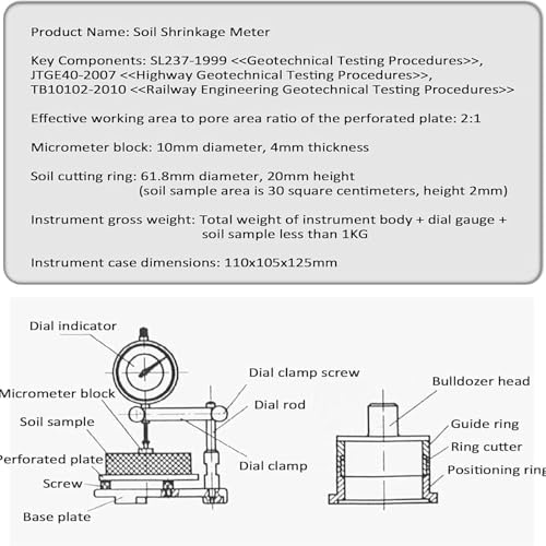 Soil Moisture Shrinkage Meter, Alloy Soil Shrinkage Detector with Dial Indicator, 61.8mm Cutting Ring, Disassembly Design for Technical Lab Analysis and Research