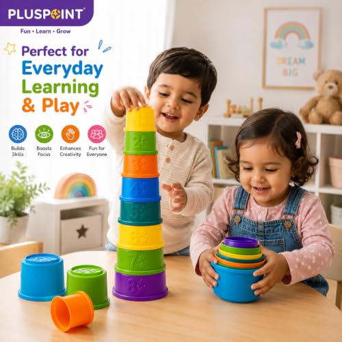 Image of PLUSPOINT Stacking Cups Baby Toy | 8-Piece Rainbow Nesting & Stackable Cups with Numbers | Montessori Educational Learning Toy for Babies 6-12 Months & Toddlers 1-3 Years
