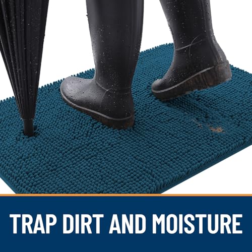Image of OLANLY Dog Door Mat Set 2-Piece 30x20, Absorbs Moisture and Dirt, Absorbent Non-Slip Washable Doormat, Quick Dry Chenille Mud Mat for Dogs, Entry Indoor Entryway Carpet for Inside Floor, Atlantic Blue