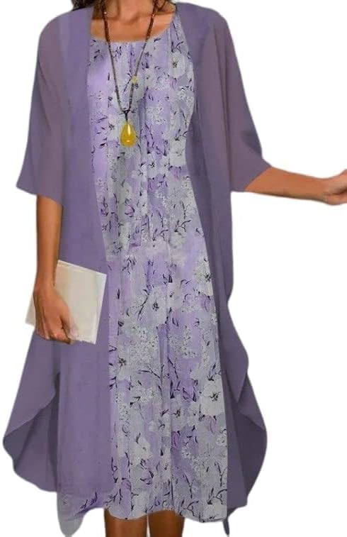 Women's Casual 2 Piece Sets Floral Printed Maxi Dress with Cardigan Set Chiffon Wedding Guest Cocktail Dresses
