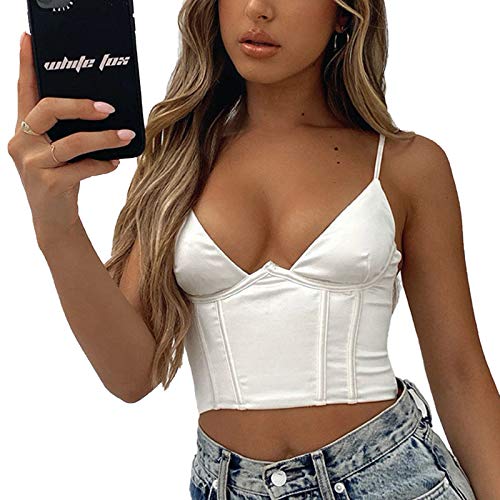 Lyilepu Women Bustier Sexy Corset Top Y2K Push Up Crop Tops Strap Tank Top Party Clubwear Party Clubwear Sleeveless Garment Tank Top (White, L)