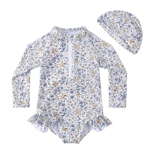 Bañador Bebe Niña Protección UV Traje de Baño de Una Pieza de Manga Larga Bañadors con Cremallera con Estampado de Floral Swimwear Natación Infantil con Gorro para Piscina, Secado Rápido