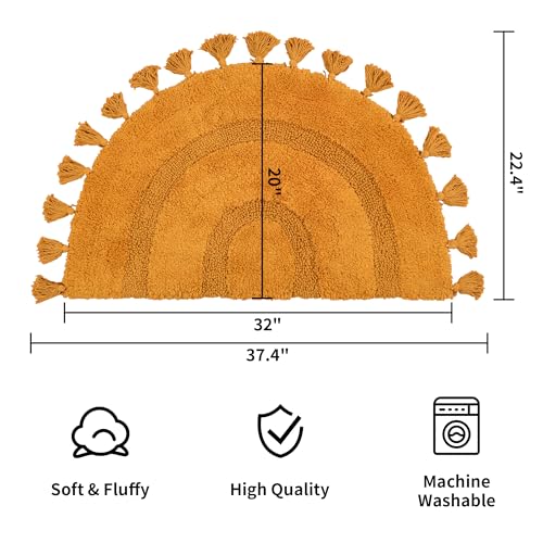 Image of Half Circle Boho Bathroom Rugs with Tassels 100% Cotton Hand-Woven Bath Mat Non Slip Absorbent Bath Rugs with Rug Pad Washable Boho Bath Mat Carpet for Tub, Shower 20 inchx32 inch,Mustard