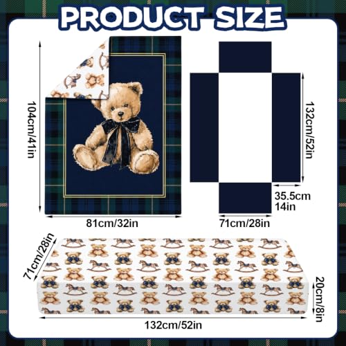 Image of Hahafelt 3 Pcs Tartan Plaids Bear Baby Crib Bedding Set Teddy Bear Plaid Theme Decor for Infant Bed Includes Quilt, Fitted Sheet, Skirt for Baby Boy Gifts