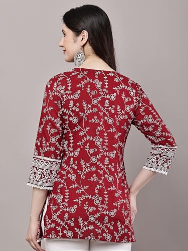 Image of Women's Pink Printed Short Kurti with Lace Trim, 3 /4 Sleeves, Ethnic Indian Style Top