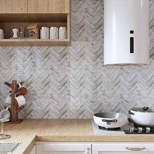 CRE8TIVE 4 Sheets Herringbone Peel and Stick Backsplash for Kitchen Bathroom 12'x12' Self Adhesive Tile Stickers Light Wood Look Wall Tiles