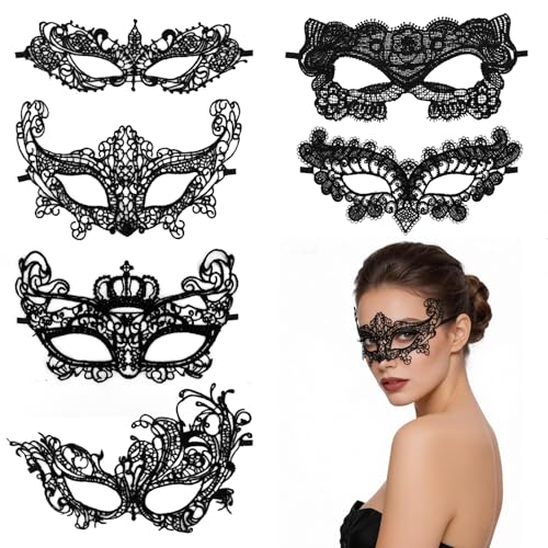 QGGTQG Spitze Maske Venezianische Maske Damen 6 Stück Schwarz Sexy Lace Augenmaske für Frauen Ballmaske Lace Mask für Kostümpartys Karneval Halloween Weihnachten Themenpartys und Cosplay
