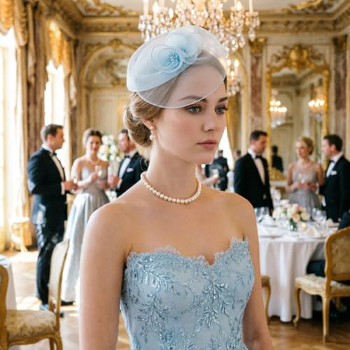 Image of DRESHOW Fascinator Hats for Women Cocktail Tea Party Hat Netted Pillbox Hat Vintage Derby Hats for Bridal Wedding