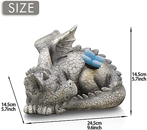 TERESA'S COLLECTIONS Dragon Garden Ornaments Outdoor with Solar Lights, Resin Stone Finished Sleeping Baby Dinosaur with Butterfly Statues for Patio Lawn Yard Zen Autumn Decorations, 24.5cm