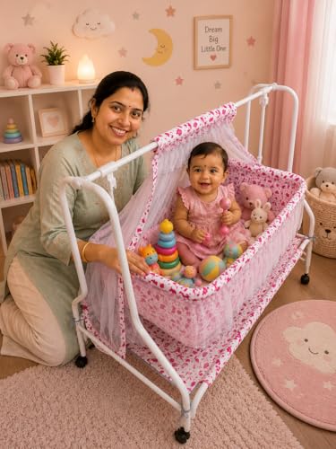 Image of Kiddery Auri | Cradle for Baby | New Improved Mattress Design | Mosquito Protection Net | Smooth Swing | All Wheel Lock | Palna | Jhula | Uyyala | 0-10 Months | Pink