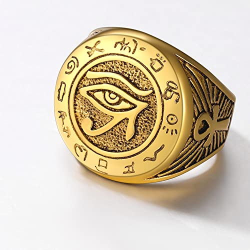 U7 Horus Ring, 18K Gold Plated Ancient Egypt Jewelry Ankh Cross Band Talisman Eye Of Horus Medal Signet Ring For Men Women, Size 7 #TOP1