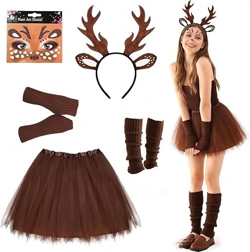 JJKOL 7 Stück Reh Kostüm Damen Set Karneval Kostüm Damen mit Reh Geweih Haarreifen Tutu Rock Gesichtstattoo Braun Socken und Handschuhe Damenkostüm für Fasching Mottoparty Cosplay