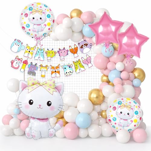 Image of Rozi Decoration Cute Cat Theme Birthday Decoration Kit for Kids | Animal Alphabet Happy Birthday Banner with Cat Foil Balloons, Pastel & Chrome Balloons | Pack of 47 Pieces
