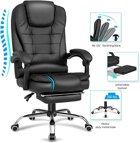 Kealive High Back Office Chair, Leather Executive Computer Desk Chair with Retractable Footrest, Adjustable