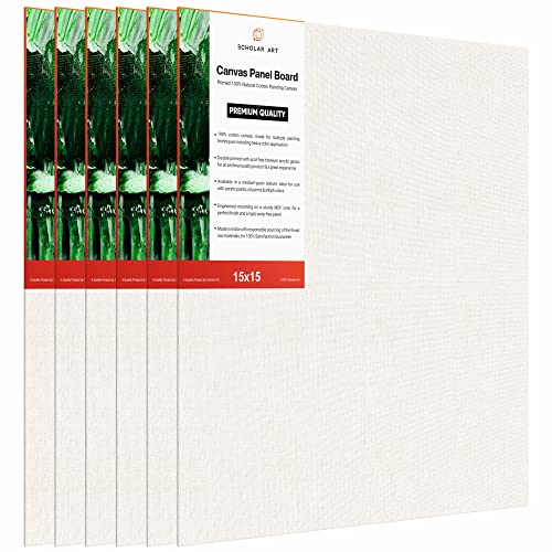 Image of Scholar Art Hobby Series 04 Oz (230 GSM) 100% Cotton Canvas Panel Board for Painting (White Blank Canvas Boards for Acrylic Paint, Oil Paint, Wet & Dry Media) | 15 inchx15 inch (37.5x37.5 cm), Pack of 6