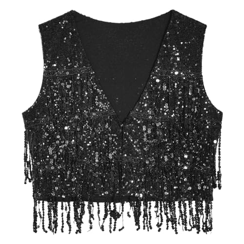 Choomomo Womens Sequin Sleeveless Vest V Neck Open Front Glitter Tassel Waistcoat Rave Dance Vest Coat3