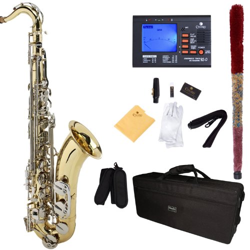 Mendini By Cecilio Tenor Saxophone - B Flat Saxophone for Beginner Musicians Students with Hard Case, Tuner, Mouthpiece, 10 Reeds, Polishing Cloth, Cleaning Rod, Gloves, Strap (Gold Nickel)