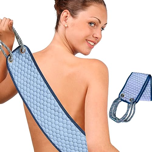 OWIIZI Exfoliating Back Scrubber for Shower Double-Sided Back Scrub Washcloth with Antiskid Handles for Use in Shower Body Exfoliator Scrub Towel Back Washer for Men & Women-38 Inches