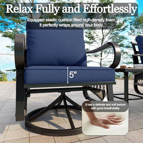 Image of 3 Pieces Outdoor Furniture Set, Metal 360 Swivel Rocking Chairs Bistro Sets, Patio Conversation Set with Side Table for Deck, Porch, Garden, Backyard, Poolside (Blue Cushions)
