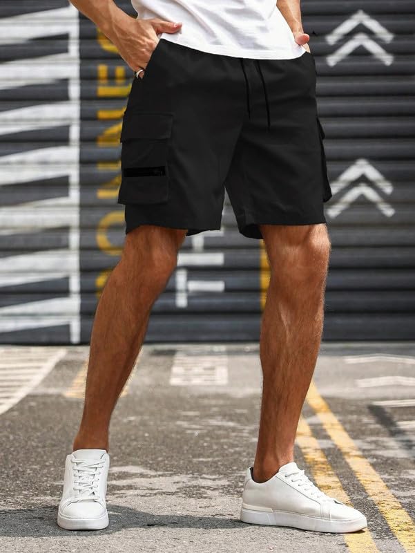 Image of SMOWKLY Men's Cotton Casual Relaxed Regular Fit Camo Cargo Shorts || Drawstring & Elastic Waist Multi Pocket Summer Beach Hiking Outdoor Work Half Pant
