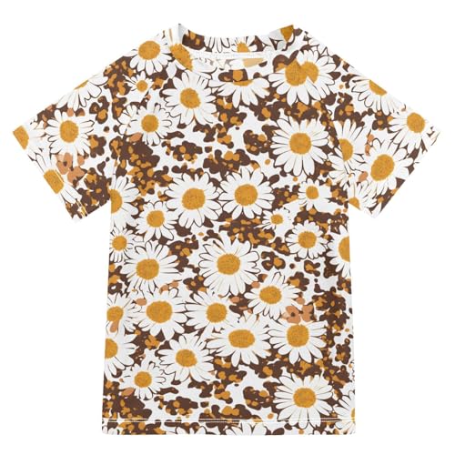 ALAZA Boys Swim Shirts Toddler Rash Guard Short Sleeve Rashguard White Daisy Flower Leopard UPF 50+ 11-12T