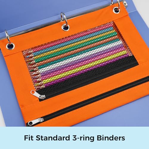 Image of Pencil Pouch for 3 Ring Binder - 3 Hole Zipper Pen Case Bag Holder Bulk Accessories Clear Window Aesthetic Organizer Pockets (Bright Orange)