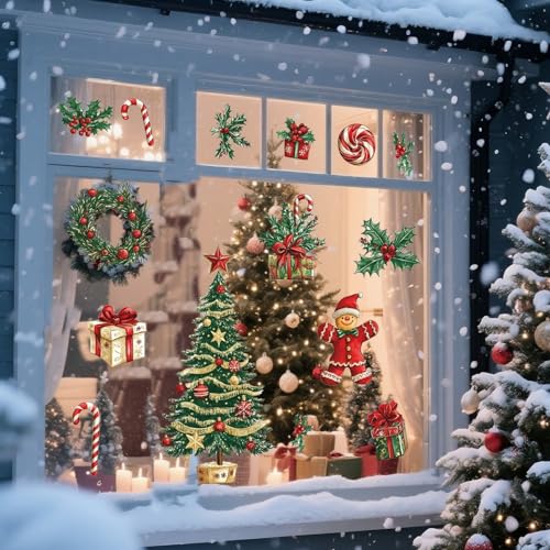Christmas Window Stickers 1 Sheet Christmas Tree Window Clings with Cane Candy Mistletoe Ornament Designs Cute Xmas Adhesive Windows Decals for Glass Winter Holiday Decor Party Supplies