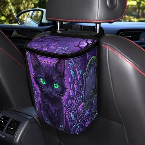Image of Talayituse Purple Cat Forest Leaf Print Car Trash Can Portable Auto Garbage Bin Multifunctional Vehicle Interior Accessories with Adjustable Straps Universal Fit Truck SUV Sedan