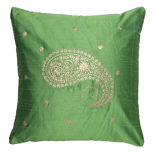 Image of THE COCOTIER Pure Silk Cushion Cover with Hand Embroidery, Pitta Work, Traditional Design, Zip Closure. (Green,16 X 16)