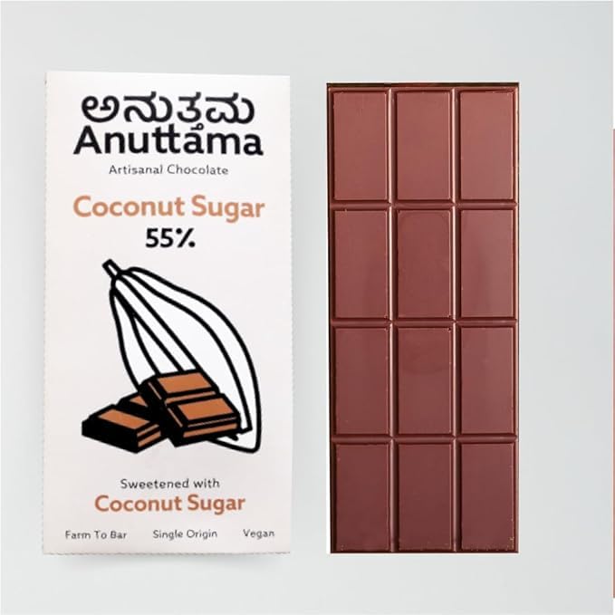 Dark Chocolate | Coconut Sugar 55% Cocoa 50 gm | Sugar Free | Jaggery Sweetened | Gluten Free | Handmade Chocolate | Vegan | Natural Chocolate Bar | Chocolate for Gift (50g)