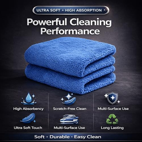 Image of Cutting EDGE 380 GSM - Set of 2 - Microfiber Car Cleaning Cloth, Ultra Soft Absorbent Towel, Scratch-Free Lint-Free for Car Detailing, Exterior Interior Glass, Blue (30 x 30 cm)