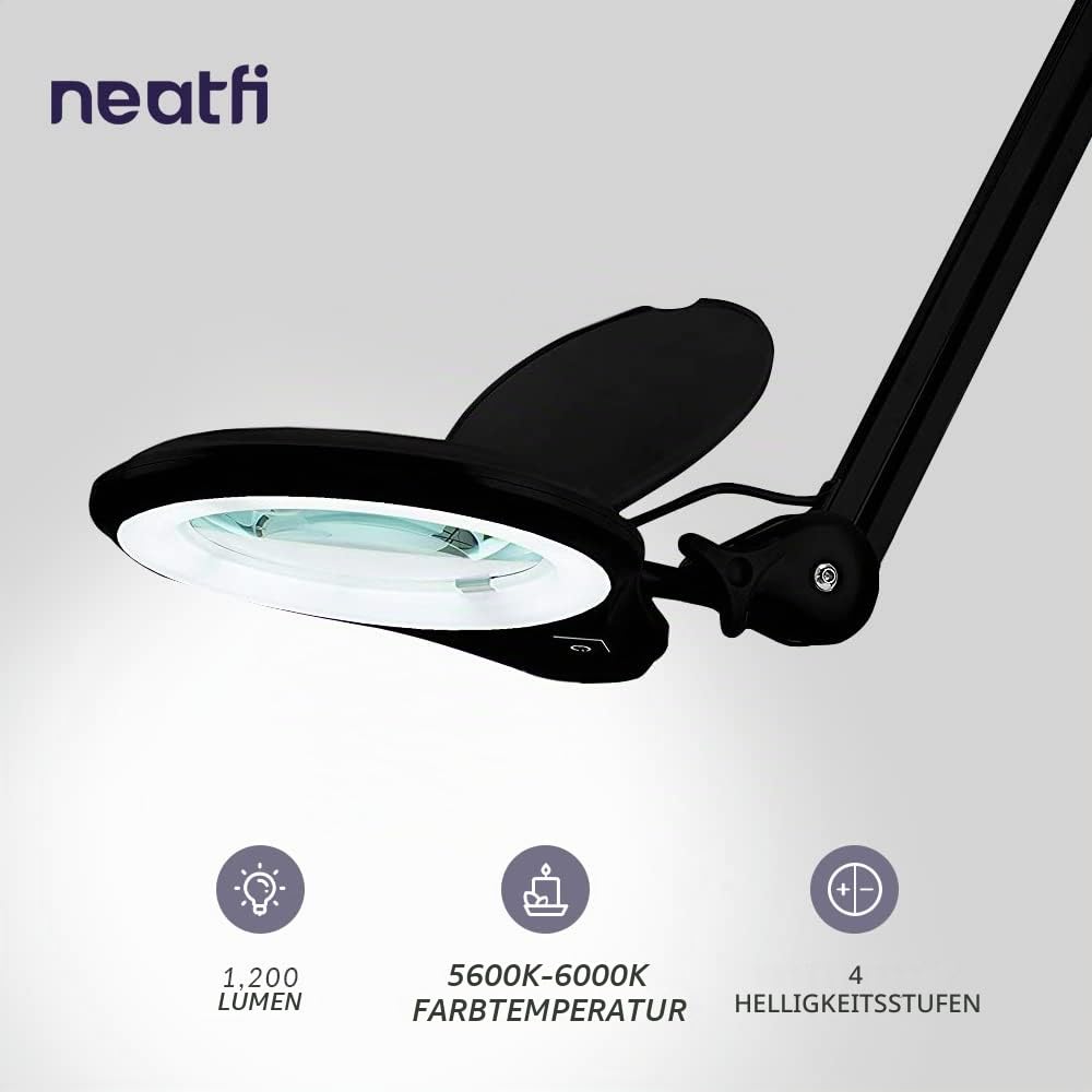 Neatfi LED-Lupen-Stehleuchte, 1.200 Lumen – 12,7 cm bifokale Glaslinse, doppelte Vergrößerung 2,25× + 6×, dimmbares | Verstellbarer Arm, rollbarer Standfuß | Lesen, Basteln & Nähen (Schwarz)