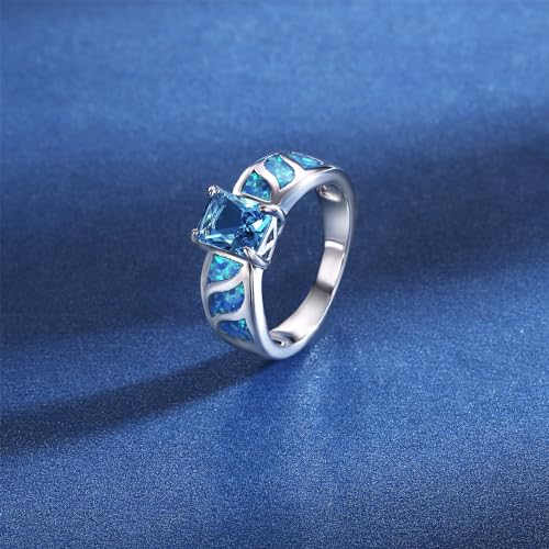 MDFUN Opal Engagement Halo Ring for Women Created Opal Cubic Zirconia 2 in 1 Rings Set 18k White Gold Plated Round CZ Promise Ring Bands Jewelry Gifts Size 5-102