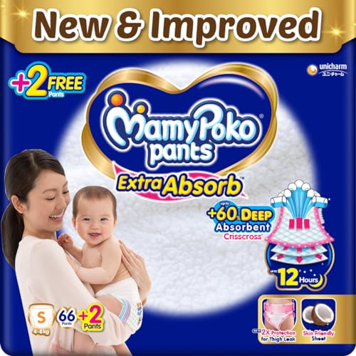 Image of MamyPoko Pants Extra Absorb Baby Diapers, Small (S), 66(+2) Free Diaper, 4-8 Kg, 68 Count