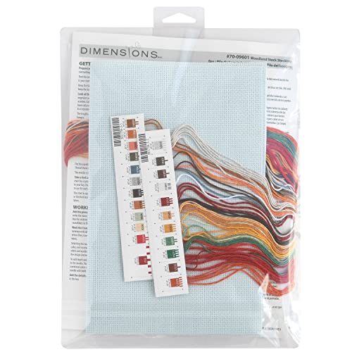 Image of Dimensions 70-09601 Woodland Stack Counted Cross Stitch Christmas Stocking Kit, 16 inch Long, 14 Count Light Blue Aida, 6pcs