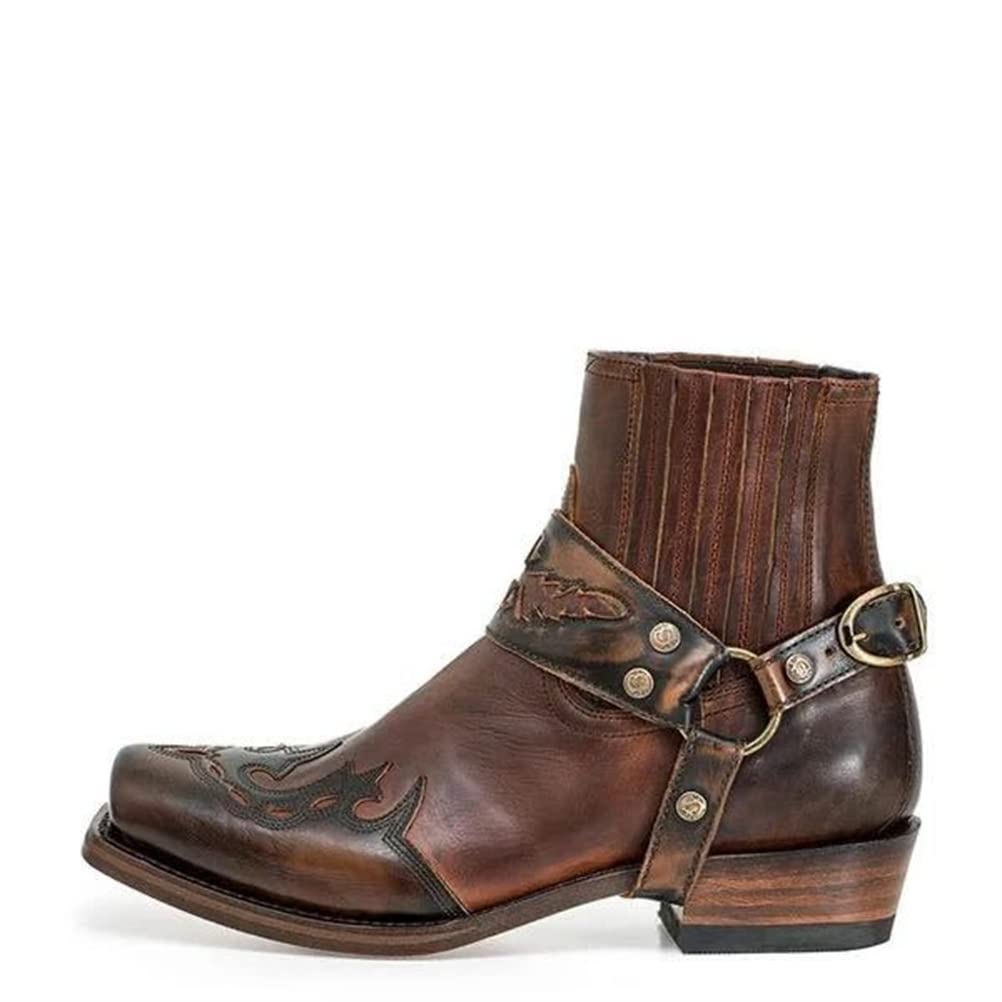 ORANDESIGNE Herren Western Cowboystiefel Vintage Motorradstiefel Winter Männer Leder Kurzschaft Stiefel Unisex Erwachsene Reiterstiefel F Dunkelkaffee 43 EU