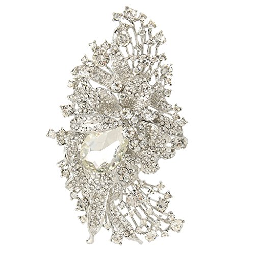EVER FAITH 4.5 Inch Bridal Silver-Tone Flower Brooch Pendant Austrian Crystal Clear