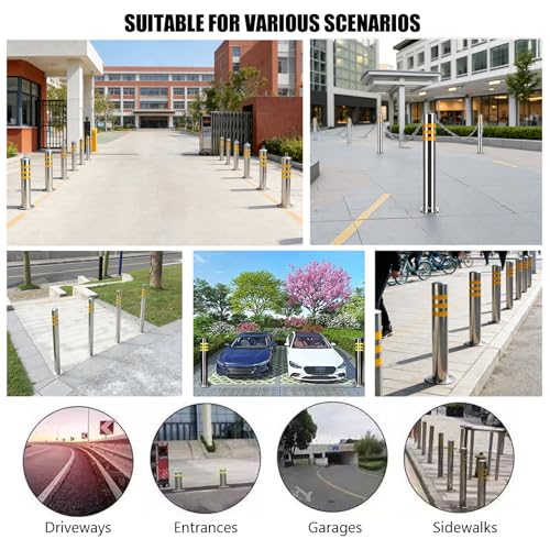 Generisch Reflektierender Parkpoller aus Edelstahl – 60 cm hoher Sicherheitspfosten für den Außenbereich mit Ankerbolzen, robuste Einfahrtsbarriere zur Verkehrsregelung u