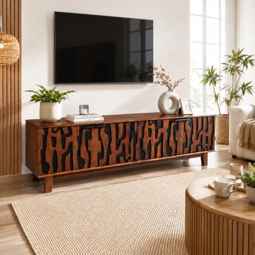Image of The Attic Sculpt TV Cabinet, Solid Wood Sideboard TV Cabinet for Living Room, Wooden Free Standing TV Unit Side Board Table with Storage, Ant. Honey Matte Finish