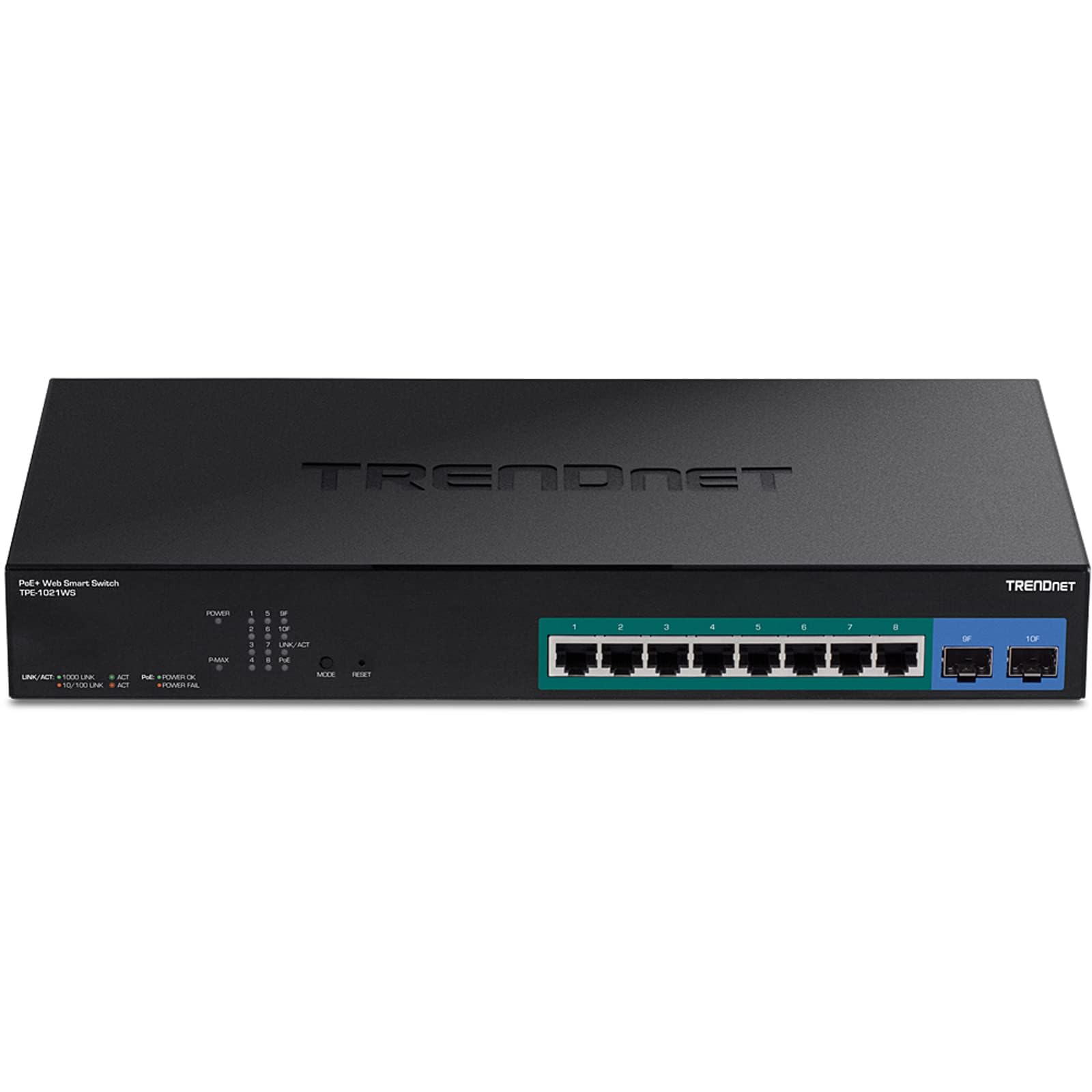 TRENDnet, TPE-1021WS, Commutateur Gigabit Web Smart PoE+ 10 Ports avec 8 Ports Gigabit PoE+, 2 emplacements SFP, Budget PoE 130 W, VLAN, QoS, LACP, routage Statique IPv4/IPv6