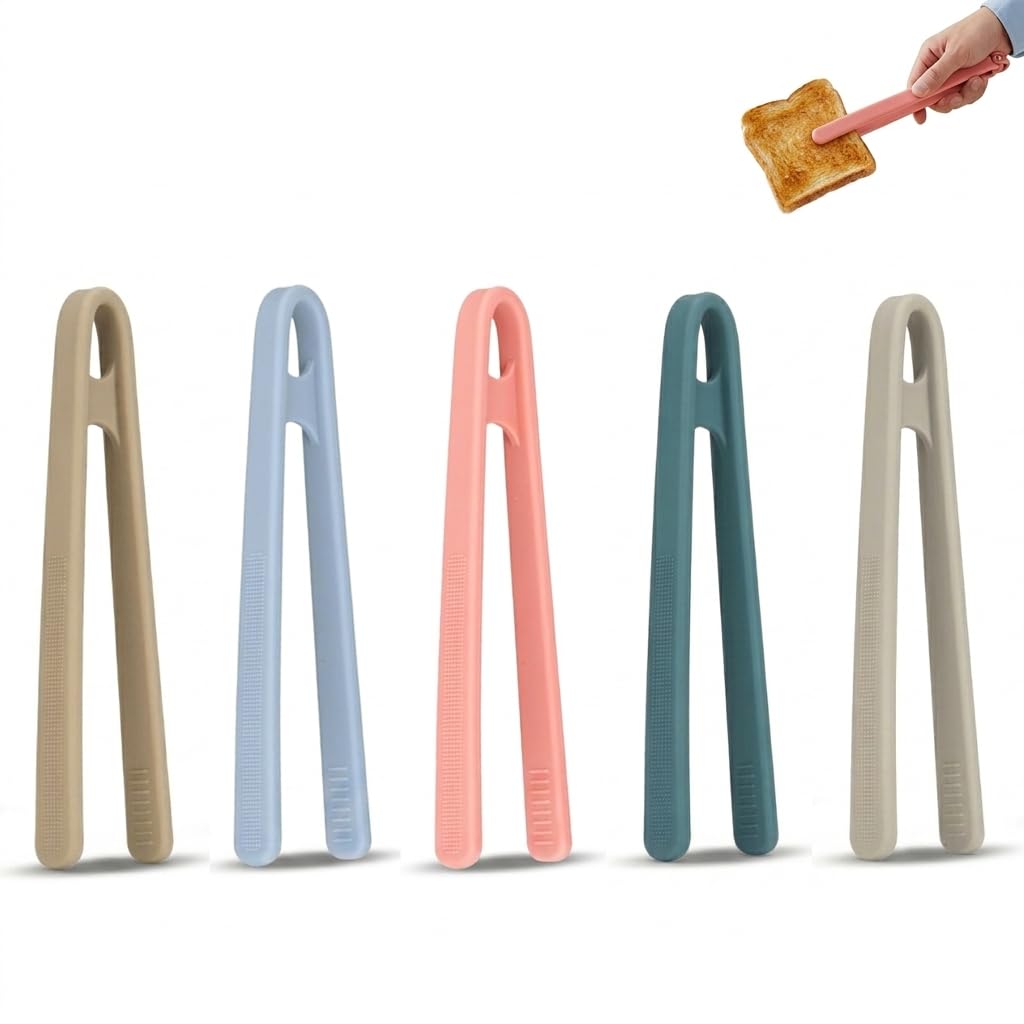 5 Pcs Mini Silicone Tongs Set – Colourful Kitchen Food Tongs for Cooking, Toast, Salad, Snacks & BBQ – Heat Resistant, Non-Slip, Mini Grip Utensils for Kids and Adults