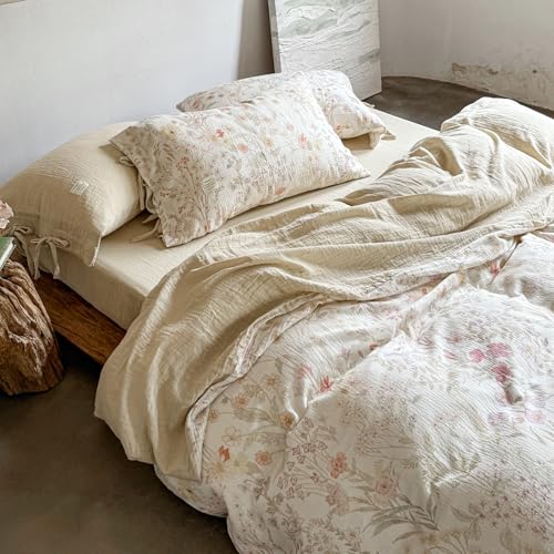 Image of VM VOUGEMARKET Fresh Floral Double Layer Gauze Full Duvet Cover Set, Soft Crinkled Cotton Muslin Bedding Set, Lightweight Breathable Botanical Print Comforter Cover for Cottagecore Bedroom